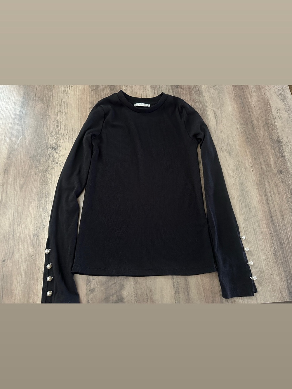 Zara Black Crewneck Sweater with Pearl Cuff Buttons
